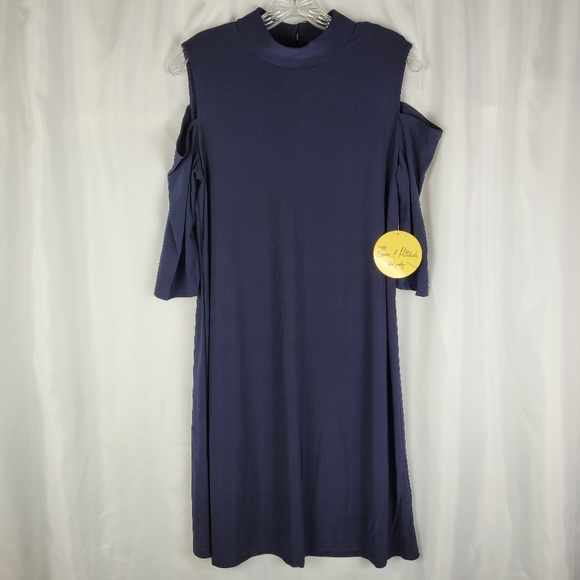 Emma & Michele Dresses & Skirts - NEW Emma & Michele Navy Blue Mock Neck Cold Shoulder Midi Shift Dress Medium